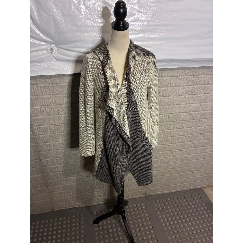 BB Dakota Women Black White Marled Hooded Open Front Waterfall Cardigan Jacket S